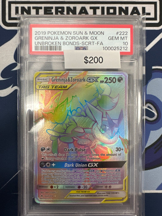 Pokemon Unbroken Bonds Greninja & Zoroark GX Hyper Rare #222 PSA 10