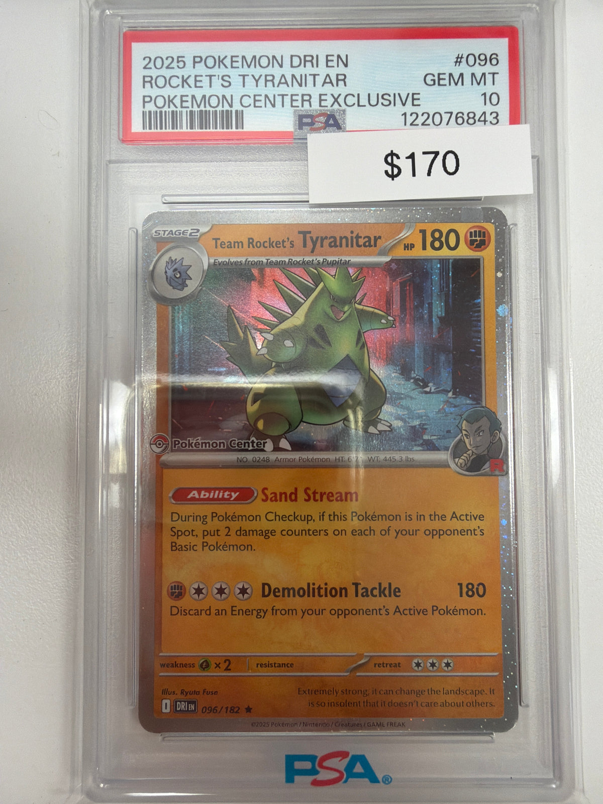 Pokemon Team Rocket’s Tyranitar Pokemon Center Stamp 096/182 PSA 10