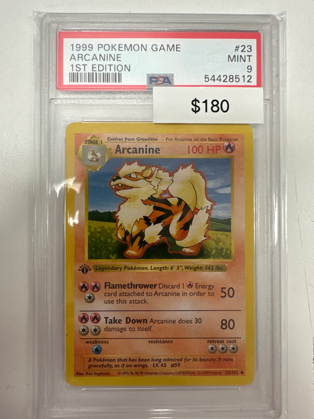 Pokemon 1st Edition Shadowless Base Set Arcanine 23/102  PSA 9