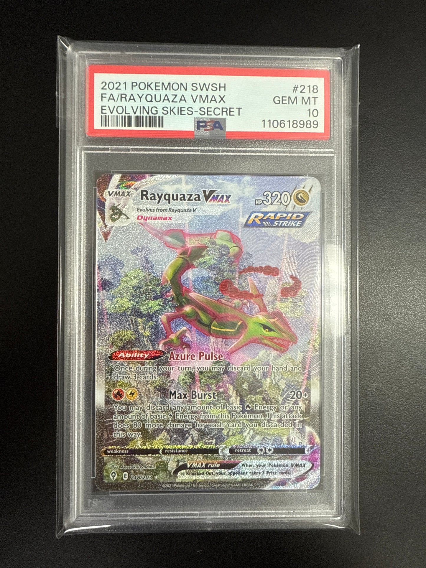 Pokémon Evolving Skies Rayquaza VMAX 218 PSA 10