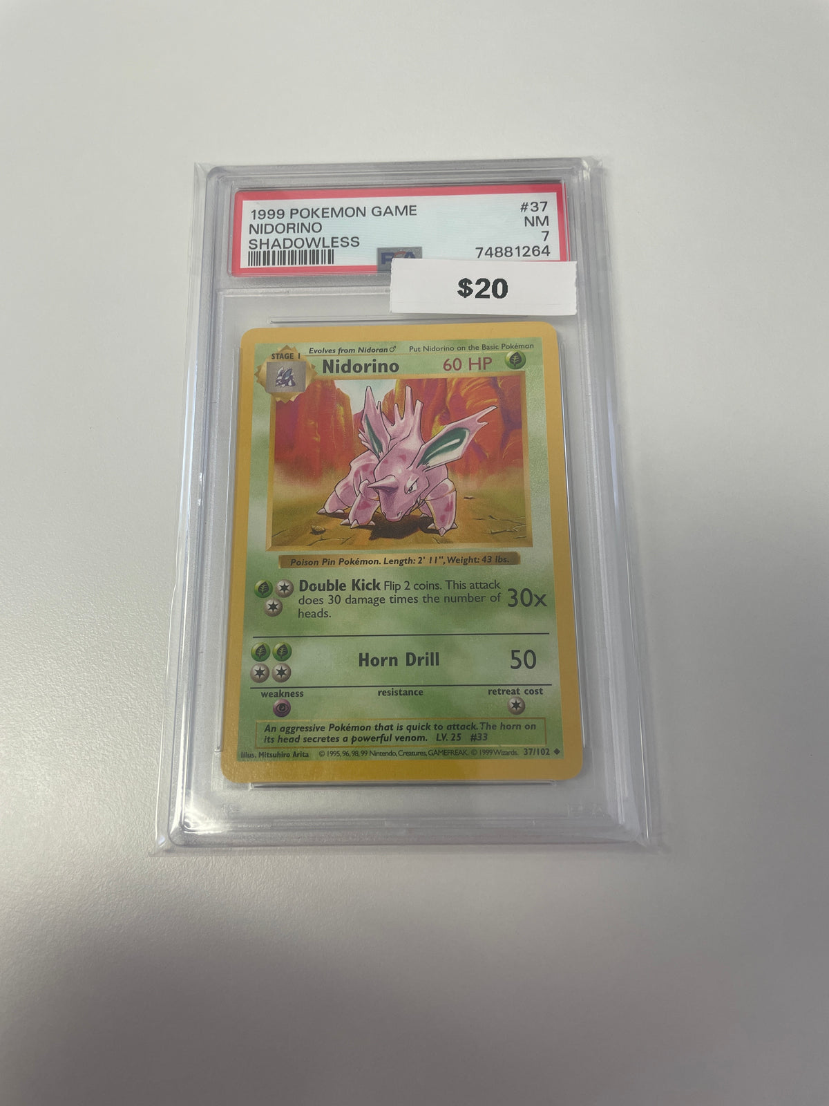 1999 Pokemon Nidorino Shadowless #37/102 PSA 7