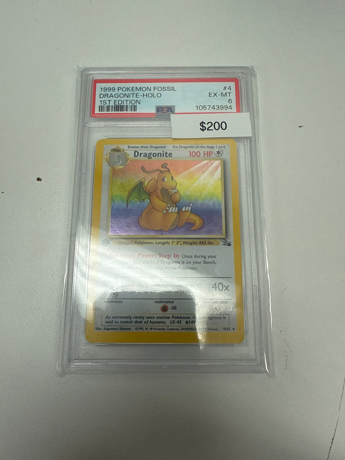 1st Edition Dragonite 1999 Fossil 4/62 Holo PSA 6