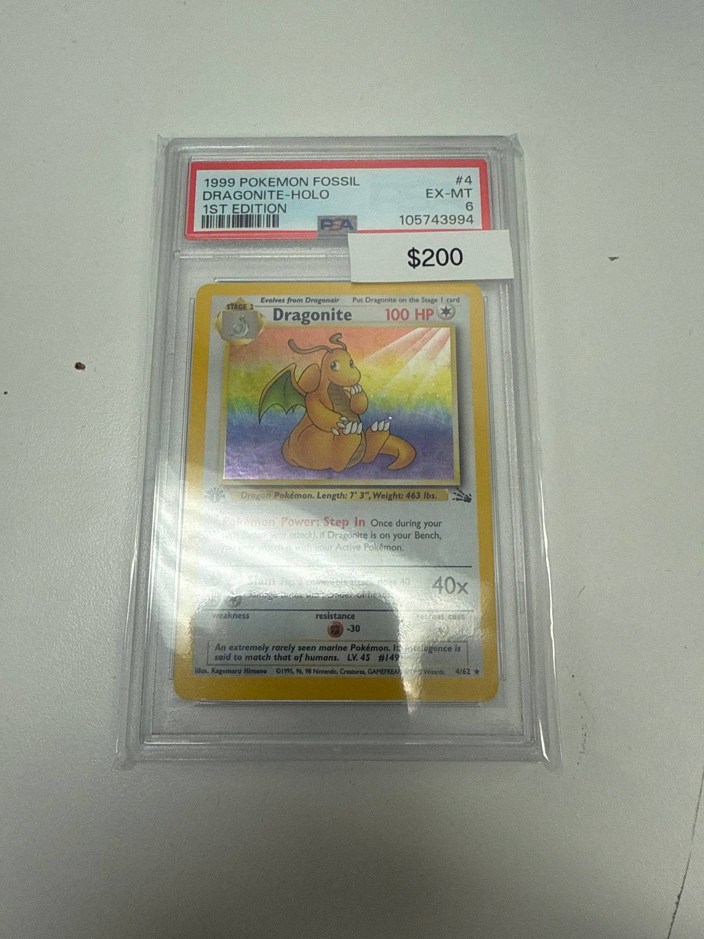 1st Edition Dragonite 1999 Fossil 4/62 Holo PSA 6