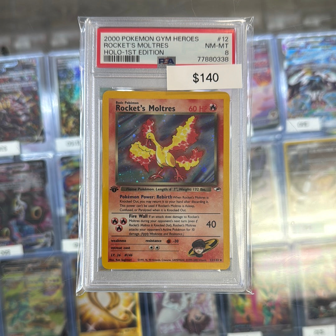 Pokémon Gym Heroes Rockets Moltress 12 PSA 8