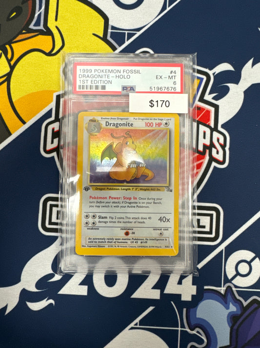 1999 Pokémon Fossil Dragonite 1st Ed holo #4 PSA 6