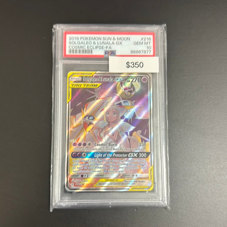 Pokémon Sun & Moon Cosmic Eclipse Solgeleo & Lunala GX 216 PSA 10