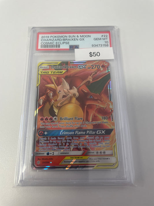 Pokemon Charizard/Braxien GX Tag Team Cosmic Eclipse #22/236 PSA 10