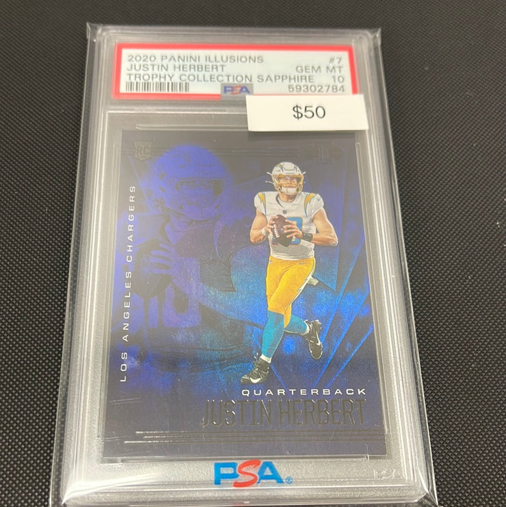 2020 Football Illusions Justin Herbert Trophy collection Sapphire Rookie PSA 10
