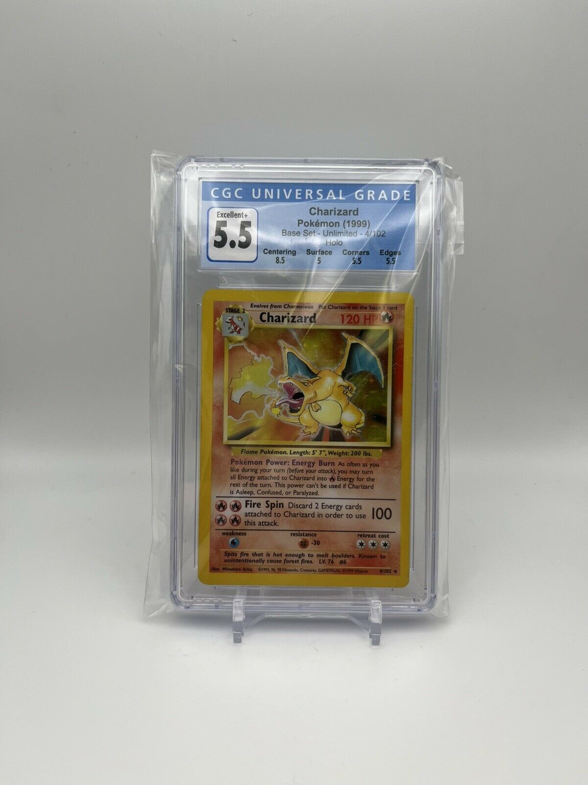 POKEMON TCG- BASE SET UNLIMITED CHARIZARD RARE HOLO CARD #4/102 CGC 5.5 EX+